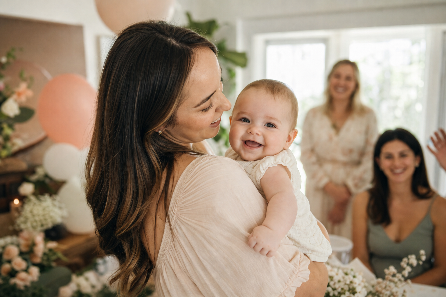 Baby shower kutlamasında birlikte fotoğraf çeken aile