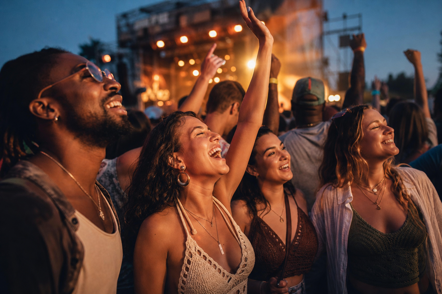 Festival ışıkları altında eğlenen kalabalık
